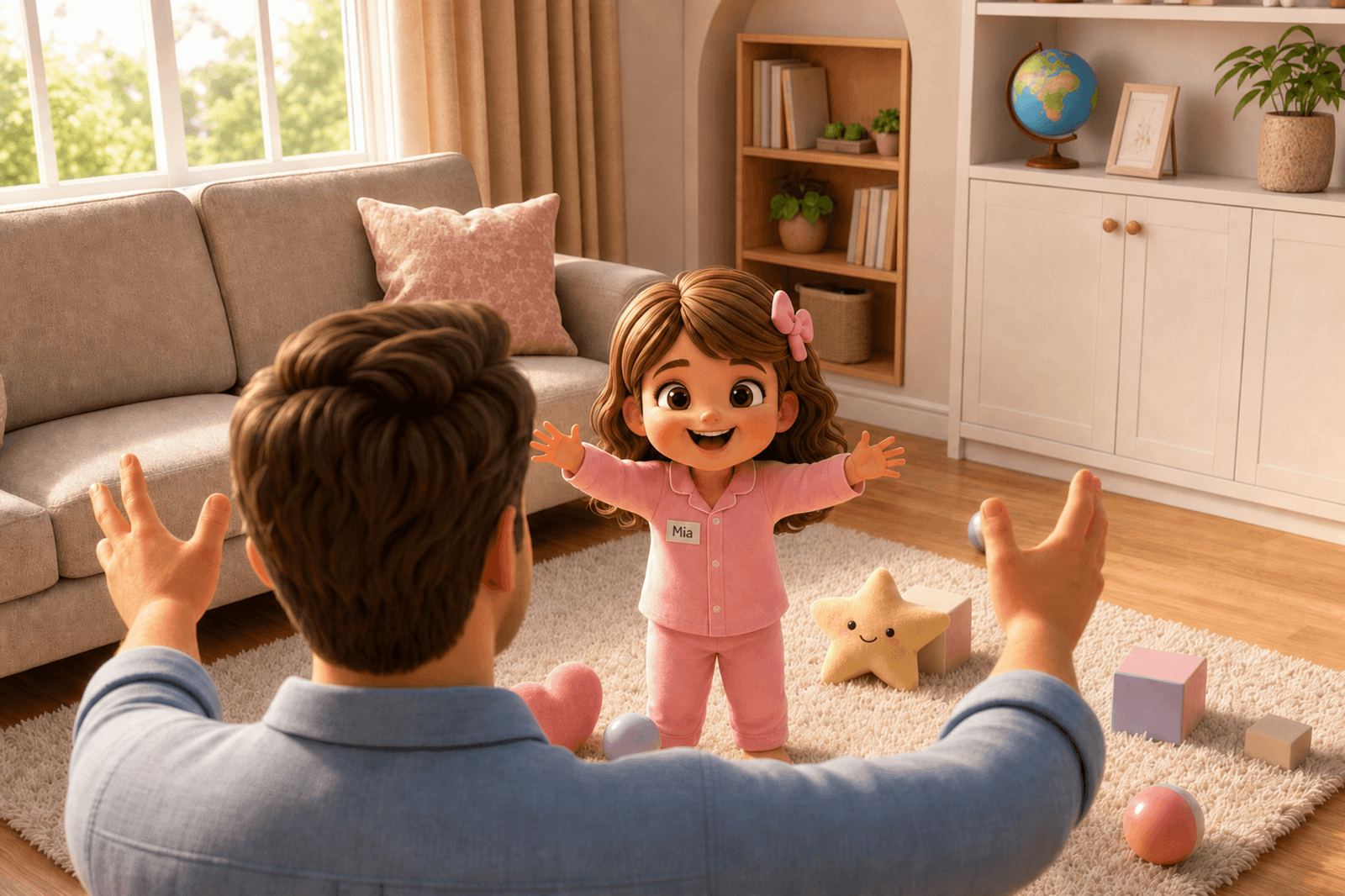 Mia läuft mit offenen Armen zu Papa
